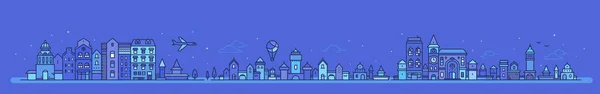 Ilustração Vetorial Paisagem Urbana Fundo Azul Céu Com Plano Balão — Vetor de Stock