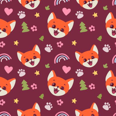 Gökkuşağı ve köknar ağacının koyu renk arka planda olduğu mutlu kırmızı tilki karakterinin ağızlık temsili. Web, site, afiş, poster, çocuk kartı için hayvan tilkisinin yüzüne sahip kusursuz desenli düz bir tasarım.