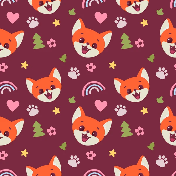 Gökkuşağı ve köknar ağacının koyu renk arka planda olduğu mutlu kırmızı tilki karakterinin ağızlık temsili. Web, site, afiş, poster, çocuk kartı için hayvan tilkisinin yüzüne sahip kusursuz desenli düz bir tasarım.