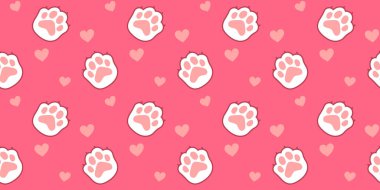 Pembe arka planda pençe ve ped ile hayvan pençesi izinin vektör çizimi. Düz çizgi sanat tasarımı. Kusursuz desen. Kedi patisi ile ağ, site, afiş, poster, kart.