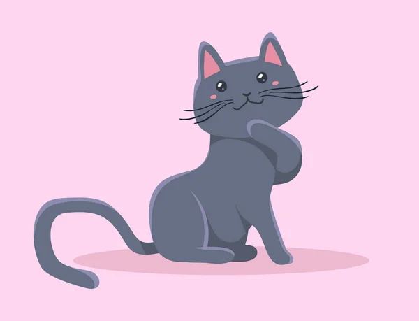 Vektor Illustration Der Glücklichen Niedlichen Grauen Katze Charakter Auf Rosa — Stockvektor