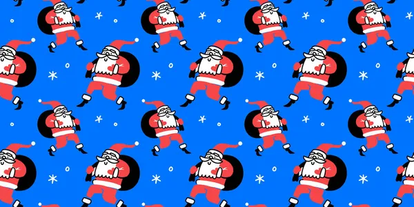 Vector Horizontal Winter Illustration Santa Claus Character Gift Bag Blue — Stock Vector