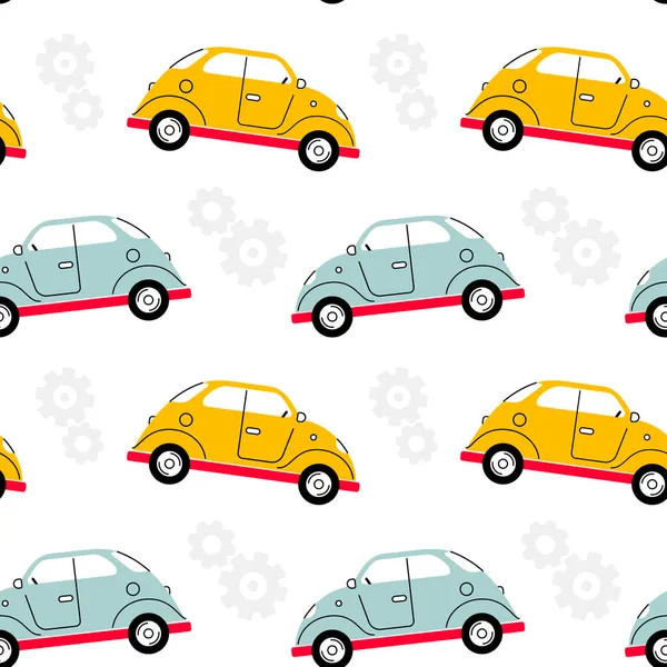 Vector kid illustration of color retro car on white background with cogwheel. Line art style design of vintage car seamless pattern for web, site, banner, children print, textile