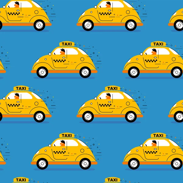 Vector kid illustration of color retro taxi car with driver on blue background. Line art style design of vintage city taxi car seamless pattern for web, site, banner, children print, textile