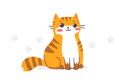 Beyaz renkli arka planda mutlu çizgili kırmızı kedi karakterinin vektör çizimi. Oturan kaplan kedinin düz çizgi sanat tasarımı. Ağ, tebrik kartı ve afiş için Yeni Yıl Sembolü