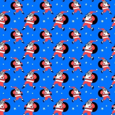 Mavi arka planda kar taneli hediye çantası olan Noel Baba karakteriyle vektör kış çizimi. Noel Baba 'nın web, site, pankart, poster, tebrik kartı, baskı için yaptığı düz çizgili sanat tarzı kusursuz desenli Noel tasarımı.