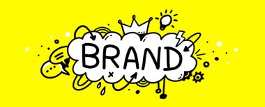 Kelime ve tacı olan bulutun sarı vektör çizimi. İş soyut dekoratif geçmişi. Kelime markası, ampul ve iş afişi, poster, baskı için konuşma baloncuğu ile Doodle çizgisi sanat tasarımı