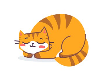 Beyaz renkli arka planda mutlu çizgili kırmızı kedi karakterinin vektör çizimi. Uyuyan kaplan kedisinin düz çizgi çizimi. Ağ, tebrik kartı ve afiş için Yeni Yıl Sembolü