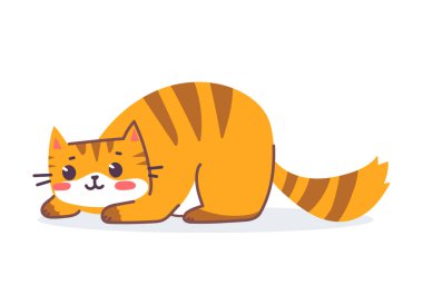 Beyaz renkli arka planda mutlu çizgili kırmızı kedi karakterinin vektör çizimi. Oturan kaplan kedinin düz çizgi sanat tasarımı. Ağ, tebrik kartı ve afiş için Yeni Yıl Sembolü