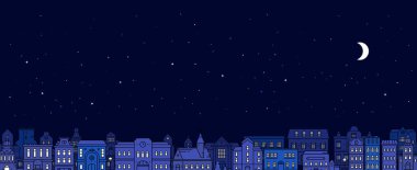 Gece şehir sokağının parlak pencereli ve aylı koyu mavi gökyüzü arka planının temsilcisi. Avrupa gece şehrinin yatay panoramasının çizgi sanat tasarımı web, site, afiş, poster, broşür yıldızı