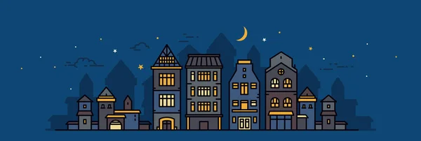 Vector Illustratie Van Nacht Stad Straat Donkerblauwe Kleur Lucht Achtergrond — Stockvector