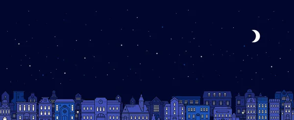 Vector Illustratie Van Nacht Stad Straat Donkerblauwe Kleur Hemel Achtergrond — Stockvector