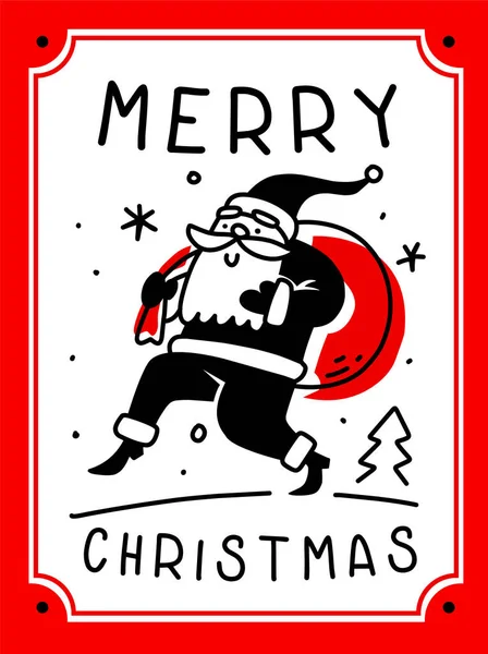モミの木とフレームと白い背景に赤いギフトバッグとサンタクロースの文字のベクトル冬のイラスト フラットラインアートスタイルウェブ サイト バナー ポスター グリーティングカードのためのサンタクロースのクリスマス休暇のデザイン — ストックベクタ