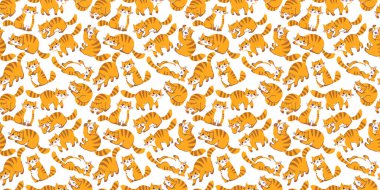 Beyaz renkli arka planda mutlu çizgili kırmızı kedi karakteri olan kusursuz vektör deseni. Düz çizgi sanat tasarımı. Farklı pozlarda hayvan kaplan kedi tasarımı. Ağ, tebrik kartı ve afiş için Yeni Yıl Sembolü