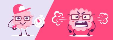 Farklı pozlardaki mutlu ve kızgın pembe beynin yaratıcı çizimlerinin vektör seti. Kronometresi olan ve arka planda ıslık çalan duygusal beyin karakterinin düz karalama tarzı bilgi konsepti