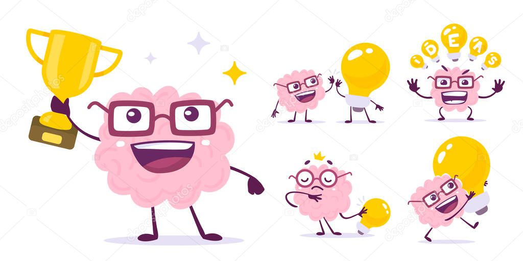 Vector set of creative illustration of happy champion pink brain in glasses with golden winner cup and light bulb on white color background. Flat doodle style knowledge concept design of happy human brain character for web, site, banner, poster