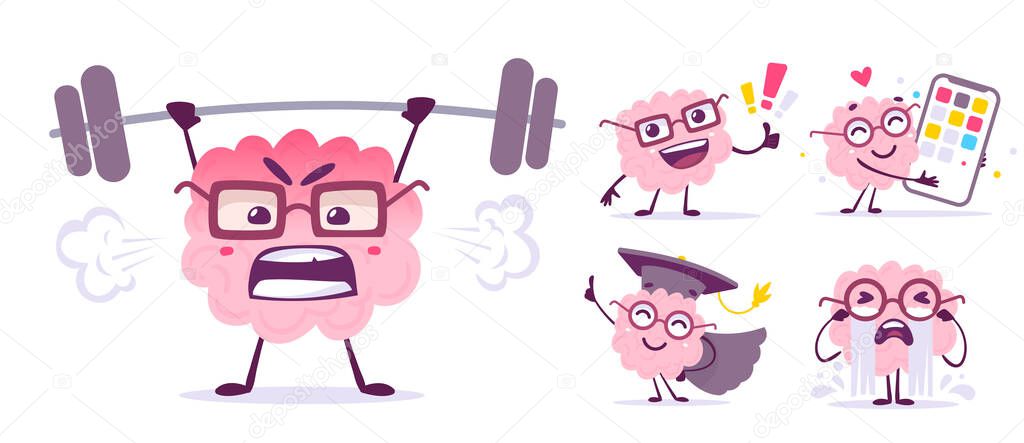 Vector set of creative illustration of emotional brain character in different pose. Flat doodle style knowledge concept design of happy and angry pink brain in glasses with phone, weight and graduation cap on white color background