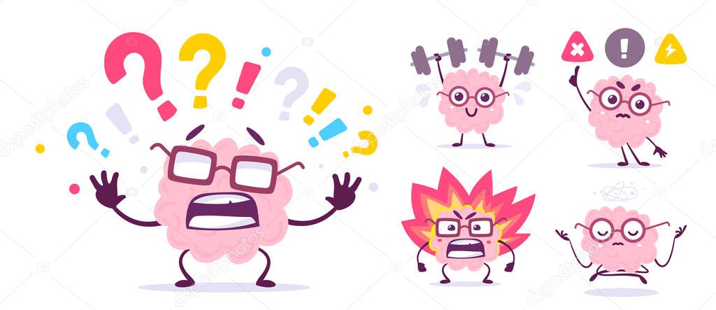 Vector set of creative illustration of happy pink brain in glasses in different pose and emotion. Flat doodle style knowledge concept design of happy and angry brain character lifting weight, with question and meditation on white color background