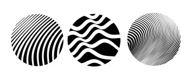 Yuvarlak çerçevedeki farklı dalga çizgi desenlerinin soyut siyah beyaz çizim vektör seti, afiş, poster, baskı için dekoratif arkaplan