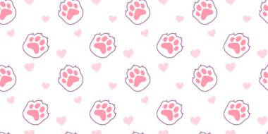 Beyaz arka planda pençe ve ped ile hayvansı pembe pençe izinin vektör çizimi. Kedi patisi ve kalbi web, site, afiş, poster, kart için olan kusursuz desenli düz çizgi sanat tasarımı