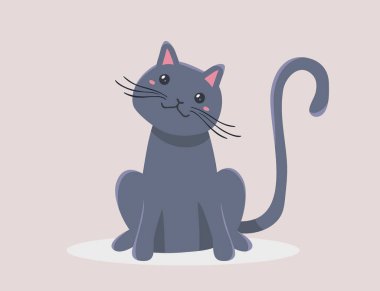Renkli arka planda gölgesi olan mutlu gri kedi karakterinin vektör çizimi. Web, site, pankart, poster, çocuk kartı için oturan hayvan için yassı tasarım