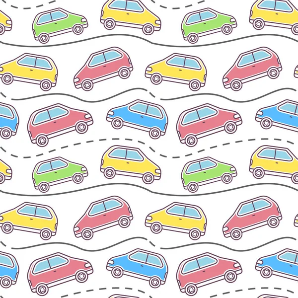 彩色车辆在白色背景下行驶在道路上的矢量儿童图解 儿童印刷品 纺织品交通无缝图案的线条艺术风格设计 — 图库矢量图片