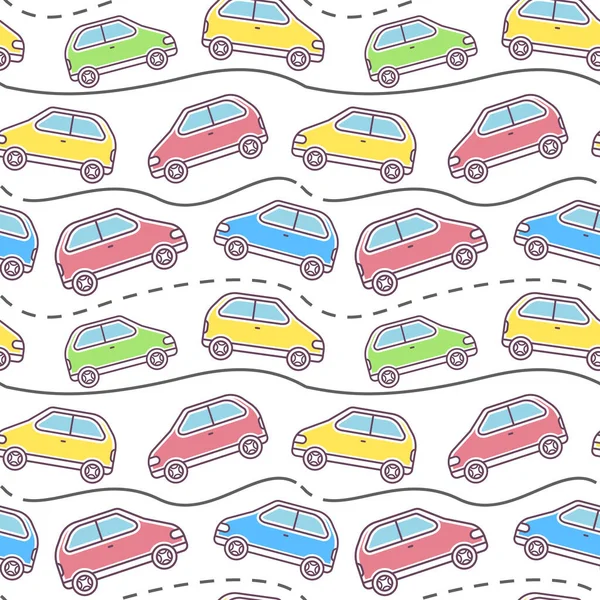 Vector kid illustration of colorful car driving on road on white background. Line art style design of car traffic seamless pattern for web, site, banner, children print, textile