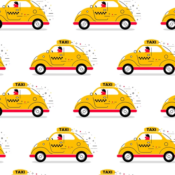 黄色复古出租汽车的向量子图 司机为白色背景 城市老式出租汽车网络 儿童印刷品 纺织品无缝图案线条艺术风格设计 — 图库矢量图片