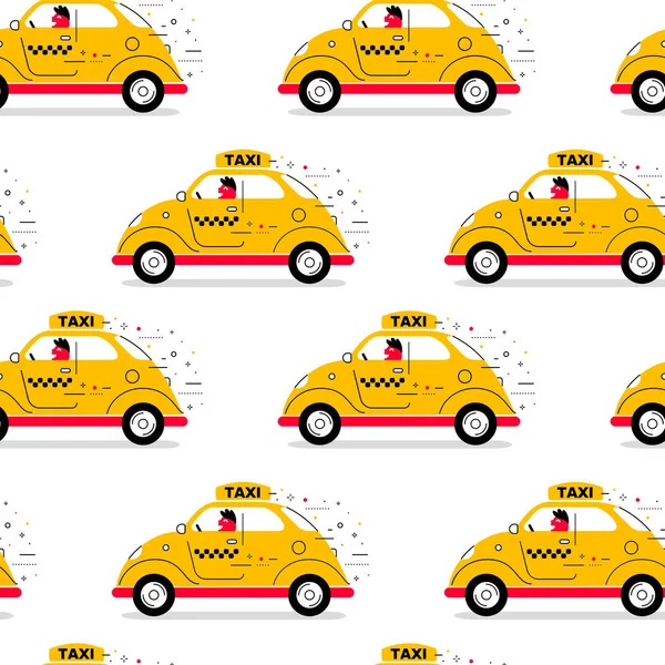 Vector kid illustration of yellow color retro taxi car with driver on white background. Line art style design of vintage city taxi car seamless pattern for web, site, banner, children print, textile