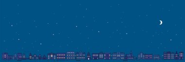 Yıldızlı Avrupa gece şehrinin yatay panoramasının vektör çizimi. Mavi renkli gökyüzü arka planında, web, site, afiş, poster, broşür için parlak pencere ve ay çizgisi tasarımı
