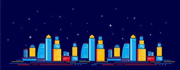 Векторная Яркая Горизонтальная Иллюстрация Ночного Городского Пейзажа Темно Синем Фоне — стоковый вектор