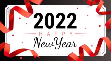 2022 yılbaşı tebrik kartı ve pankartıyla güzel bir tatil şablonu dizayn et. Kırmızı kurdeleli mutlu yeni yıl illüstrasyonları ve renk arkaplanı 2022 numara
