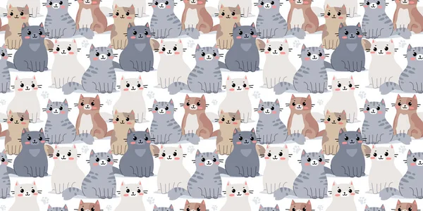 Vector Seamless Pattern Happy Cute Different Cat Character Flat Line — Stockvektor