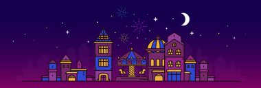 Vector illustration of night city street with children carousel with horse on dark color sky background with moon and firework. Line art style design of panorama of european city with light window for web, site, banner, poster, flyer