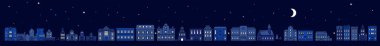 Vector illustration of horizontal panorama of european night city with moon and star on dark blue color sky background. Line art style design of night city street with shine window for web, site, banner, poster, flyer