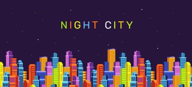 Vector horizontal illustration of bright cityscape on dark color sky background with text night city. Flat isometric style design of panorama of colorful city street with skyscraper for web, site, banner, poster, print