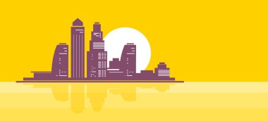 Vector illustration of silhouette of cityscape with white sun on yellow color background. Flat style design of panorama of white and black city street for web, site, banner, poster, print