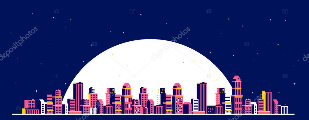 Vector horizontal illustration of light city street on dark blue sky background with large full moon. Flat isometric style design of panorama of night red color cityscape with star for web, site, banner, poster, print