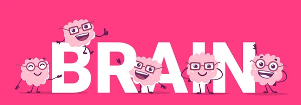 Vector Creative Illustration Group Happy Pink Brain Character Glasses Word — Stock vektor