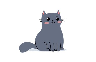 Vector illustration of happy cute gray cat character on white color background. Flat line art style design of sitting animal cat for web, greeting card, banner