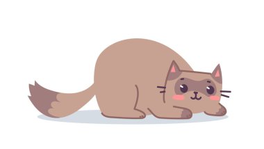 Vector illustration of happy cute laying cat character on white color background. Flat line art style design of brown animal cat for web, greeting card, banner