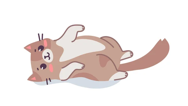 Vector Illustration Happy Cute Laying Back Cat Character White Color - Stok Vektor