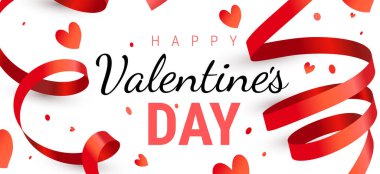 Vector holiday illustration with red curled ribbon and text happy Valentine's day with heart. Romantic template design with text and confetti for Valentine's day greeting card, banner on white color background