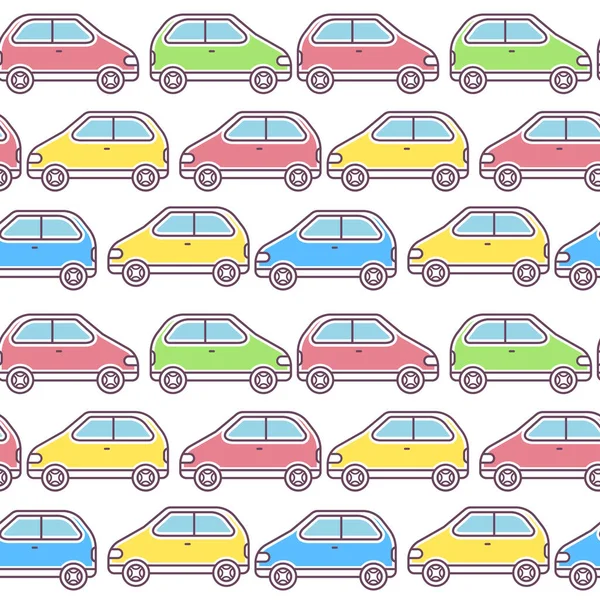 Line art style design of car traffic seamless pattern on white background. Vector kid illustration of colorful car driving on road for web, site, banner, children print, textile