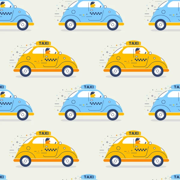 Vector kid illustration of blue and yellow color retro taxi car with driver on color background. Line art style design of vintage city taxi car seamless pattern for web, site, banner, children print, textile