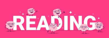 Gözlüklü mutlu pembe beyin karakterinin vektör konsepti ve renk arkaplanı üzerine kelime okuma. Düz karalama stili, yaratıcı tasarım mutlu insan beyni karakteri web, site, afiş, poster için kelime