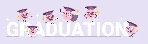 Vector Creative Illustration Team Happy Pink Brain Character Graduation Cap — Stock Vector