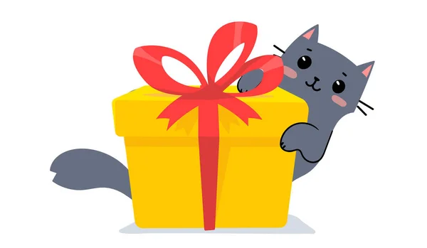 Vector Cute Illustration Happy Gray Cat Peek Out Gift Box — Stock Vector