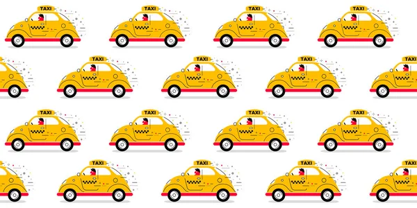 黄色复古出租汽车的矢量水平子图 司机背景为白色 城市老式出租汽车网络 儿童印刷品 纺织品无缝图案线条艺术风格设计 — 图库矢量图片