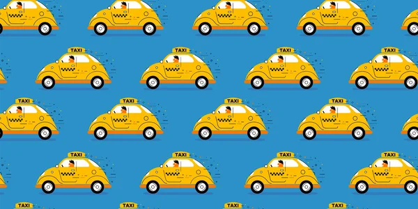黄色复古出租汽车的向量子图 司机为蓝色背景 城市老式出租汽车网络 儿童印刷品 纺织品无缝图案线条艺术风格设计 — 图库矢量图片